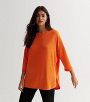 New Look Bright Orange Fine Knit 3/4 Sleeve Split Hem Top